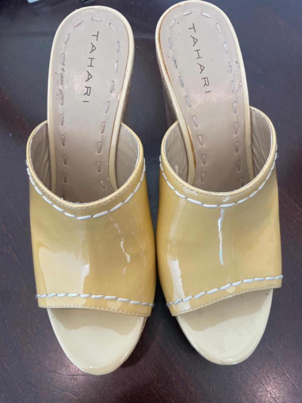 Tahari Glossy Yellow Leather upper  5” Slide Mules. White stitch accent. “Miami”